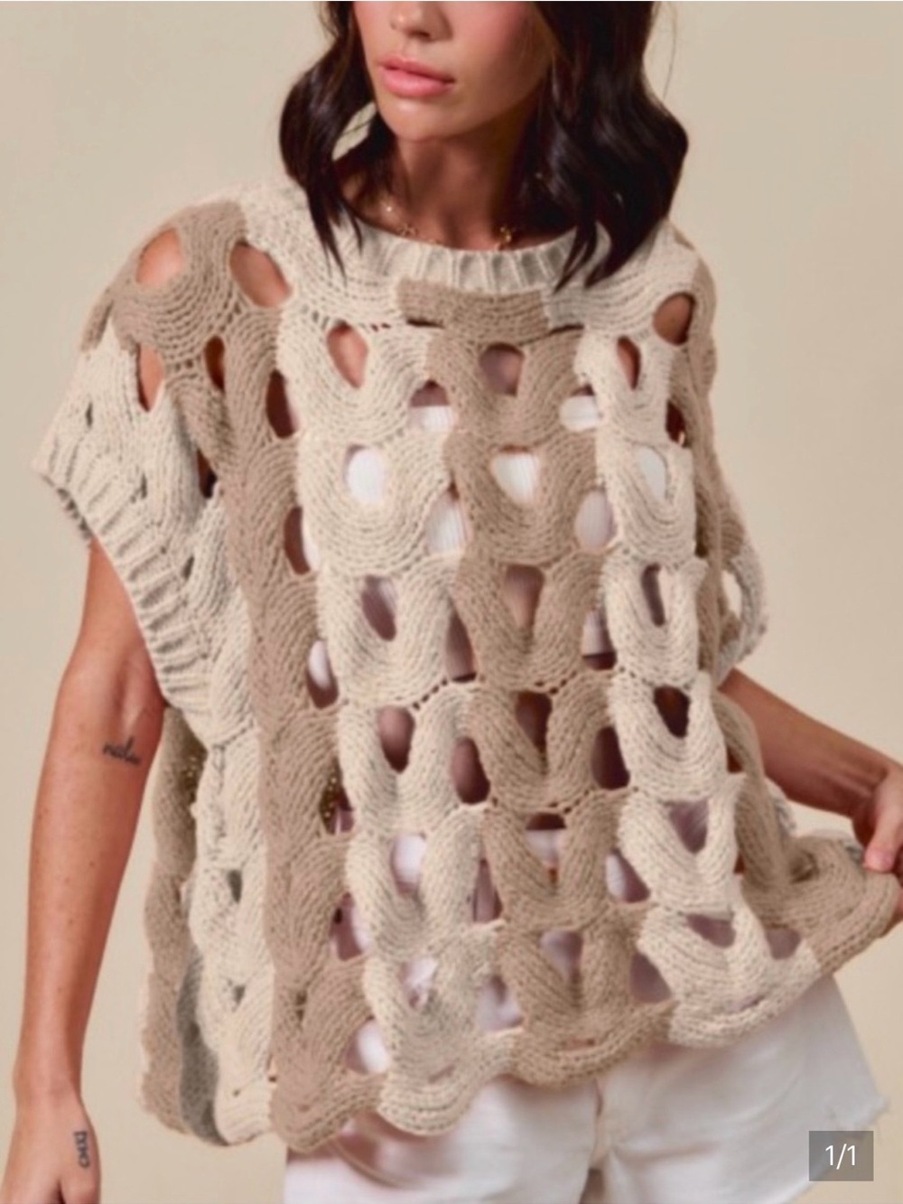 Open-Knit Cream & Tan Sweater Top